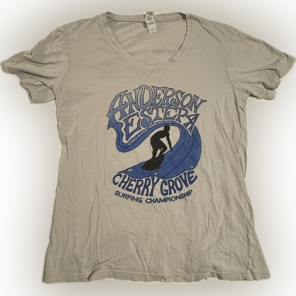 no brand Tops - Anderson Estep Cherry Grove Surfing Championship Light Gray V-Neck Tee SZ Large